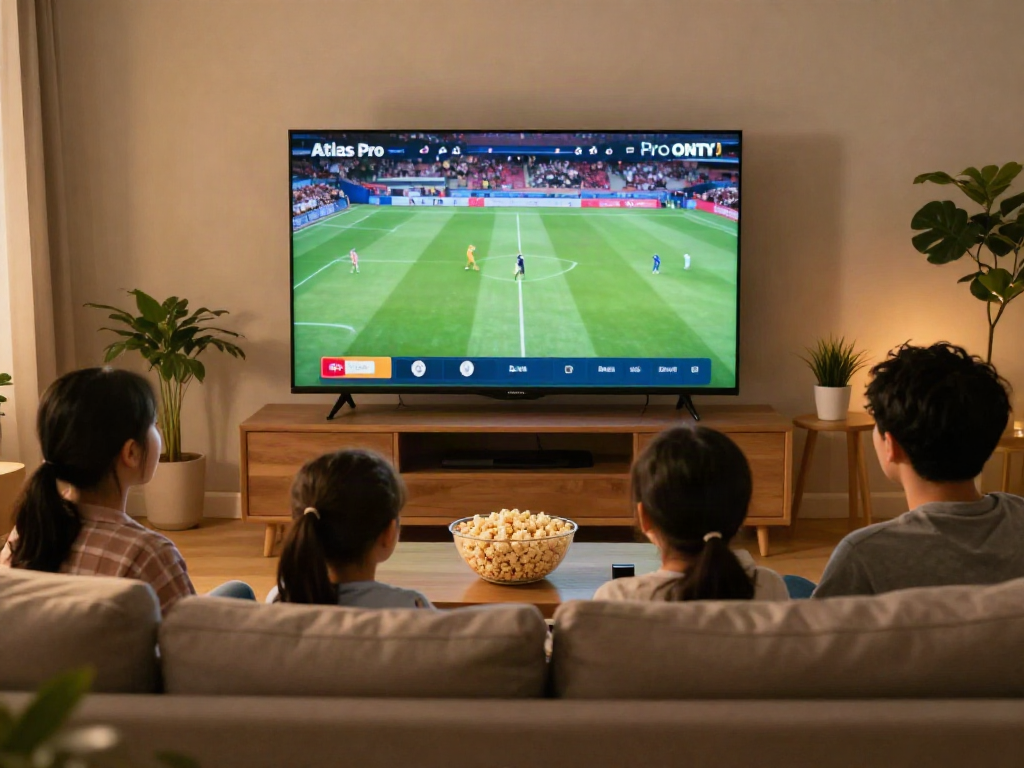 Famille profitant de l'application Atlas Pro ONTV pour regarder un match de sport à la maison.