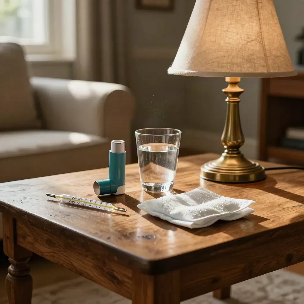 Table basse de triage à domicile avec thermomètre, inhalateur, verre d’eau, compresse froide et lampe.