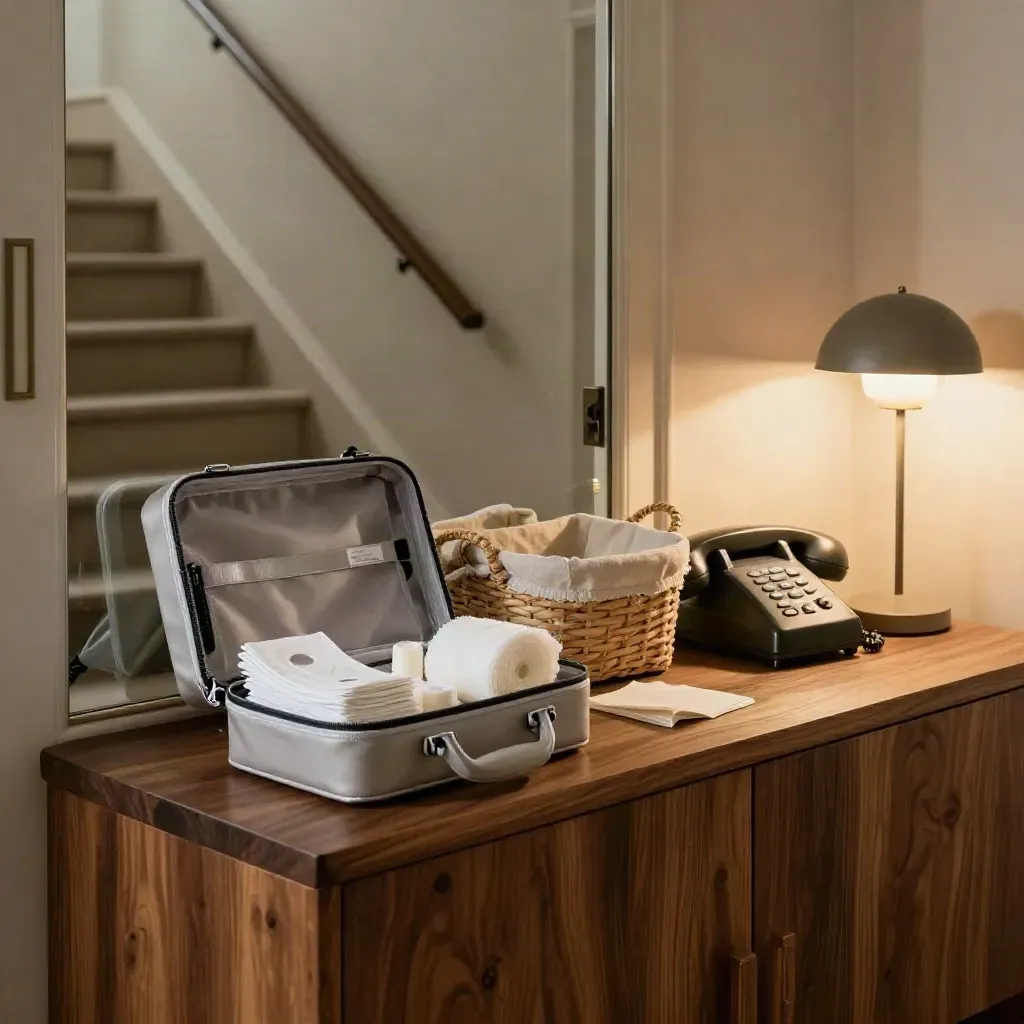 Console d’entrée avec trousse de soin, panier textile, téléphone et lampe près d’un escalier.