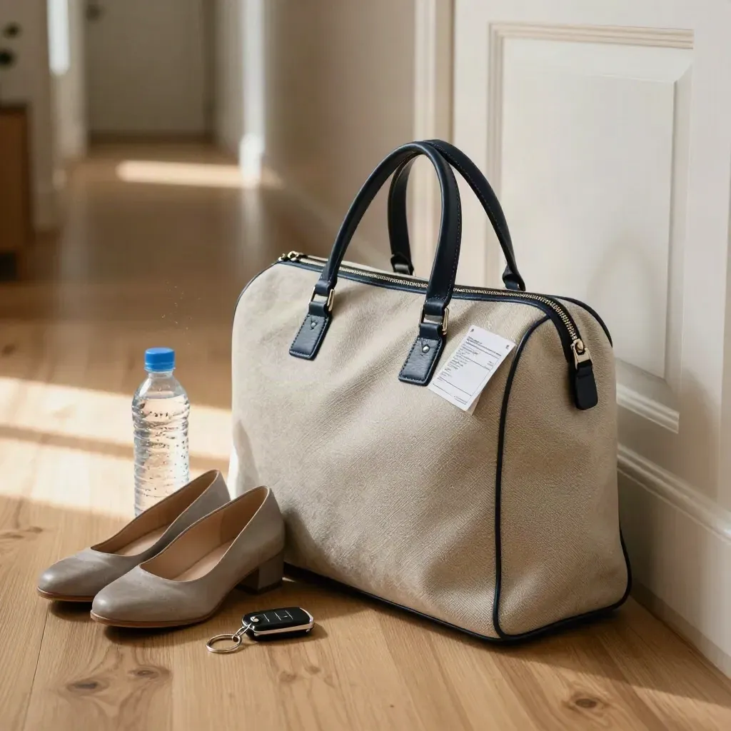 Sac de consultation près d’une porte entrouverte, chaussures, bouteille d’eau et clé de voiture.