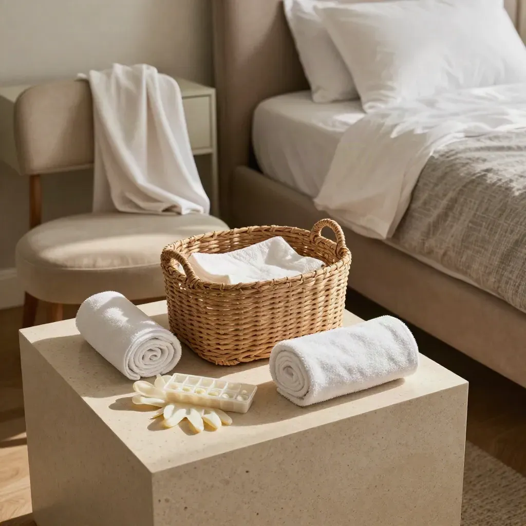 Panier de soin, serviette et pilulier prêts dans un coin chambre apaisé