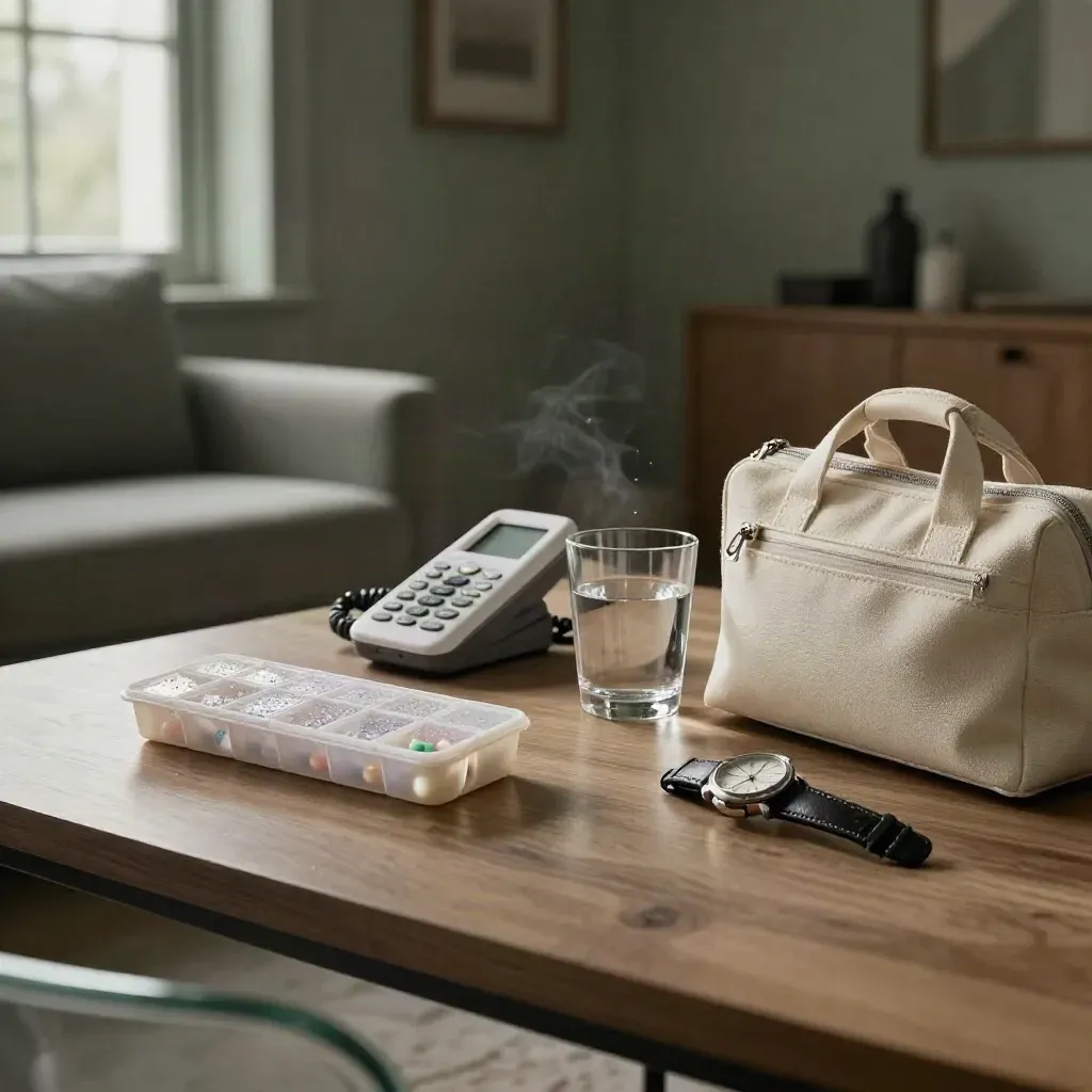 Coin de salon avec pilulier, téléphone, verre d’eau, montre et sac de sortie pour soins à domicile.