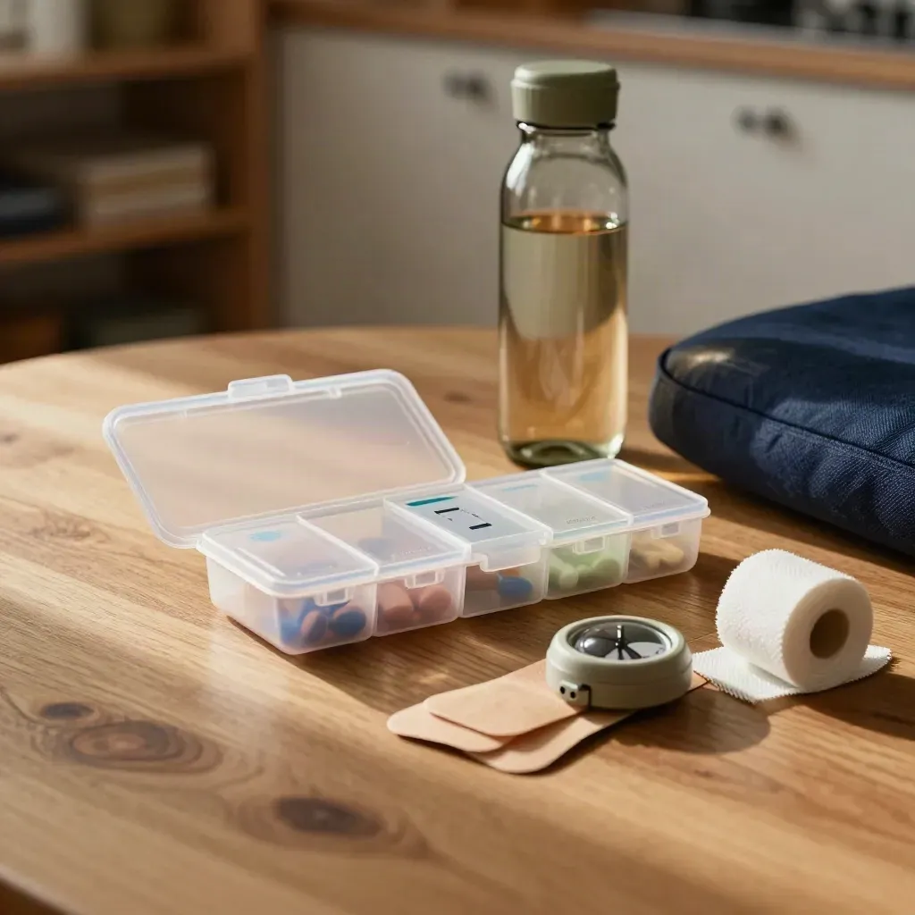 Kit de soins à domicile sur une table, avec pilulier, eau, pansements et minuteur.