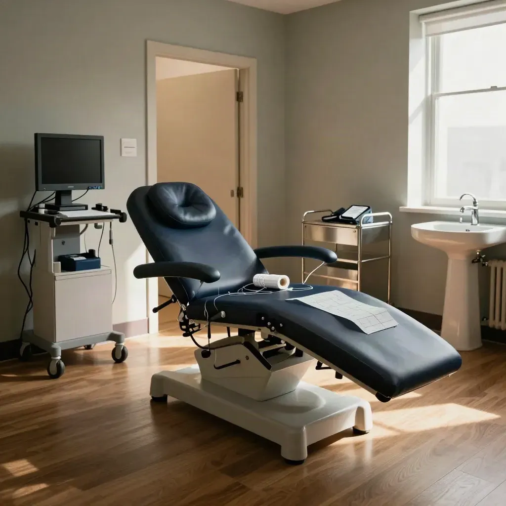 Salle de cardiologie vide, fauteuil inclinable, moniteur allumé, câbles ECG rangés.