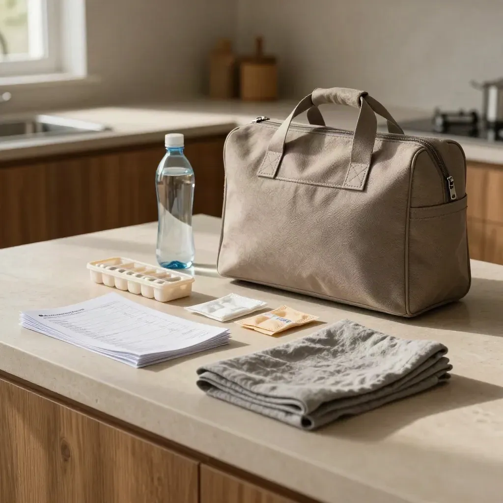 Kit de retour à domicile posé sur un comptoir de cuisine, prêt et organisé.