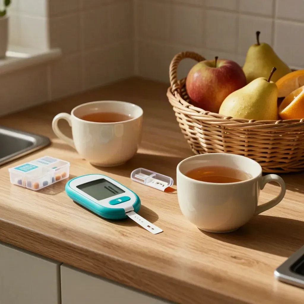 Coin de cuisine avec glucomètre, piluliers, tasses et panier de fruits en lumière du matin.