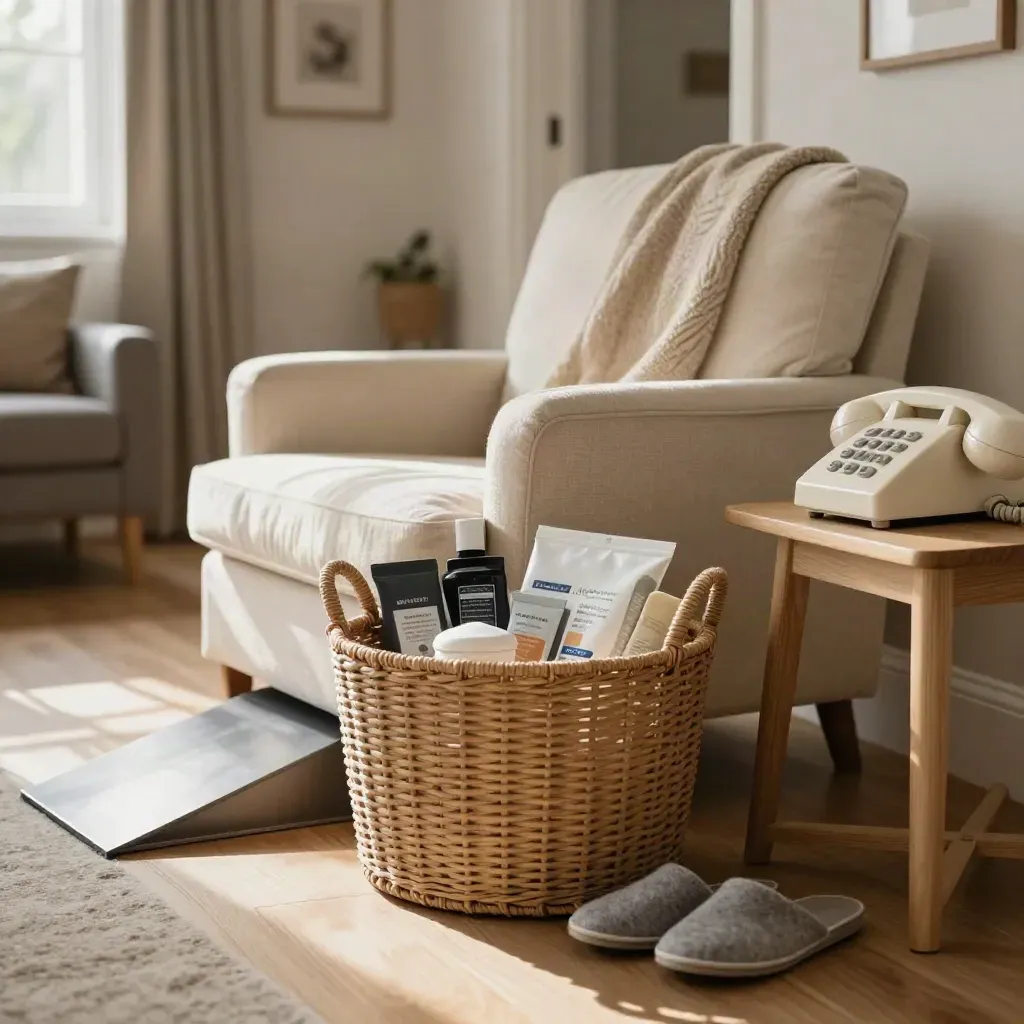 Salon accessible avec fauteuil haut, panier de soins, téléphone fixe, chaussons et rampe discrète.
