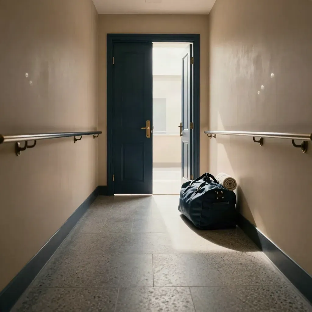 Couloir de soin vide, deux portes et sac d’appoint au seuil, lumière dramatique.