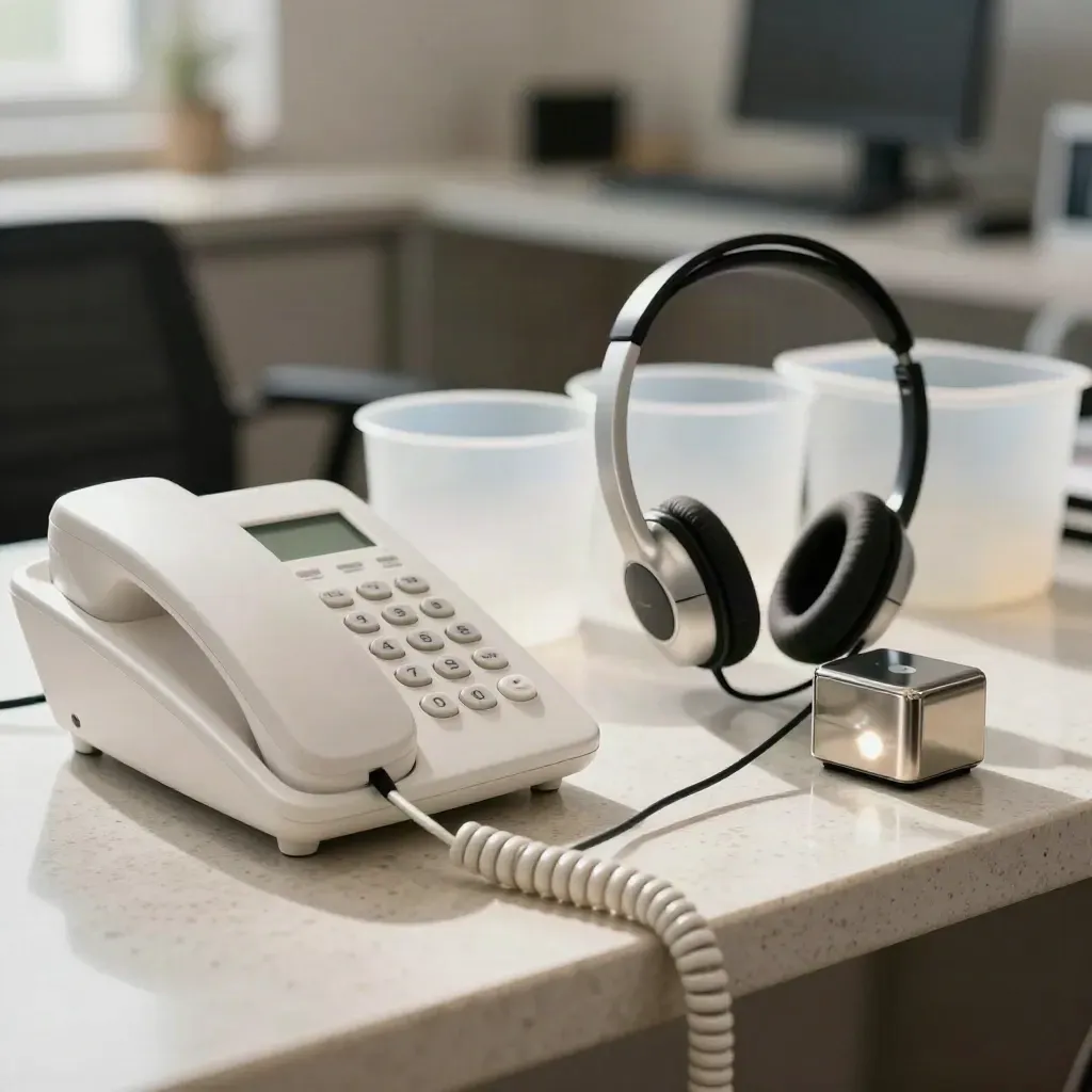 Téléphone blanc, casque en charge, minuteur et bacs translucides sur travertin.