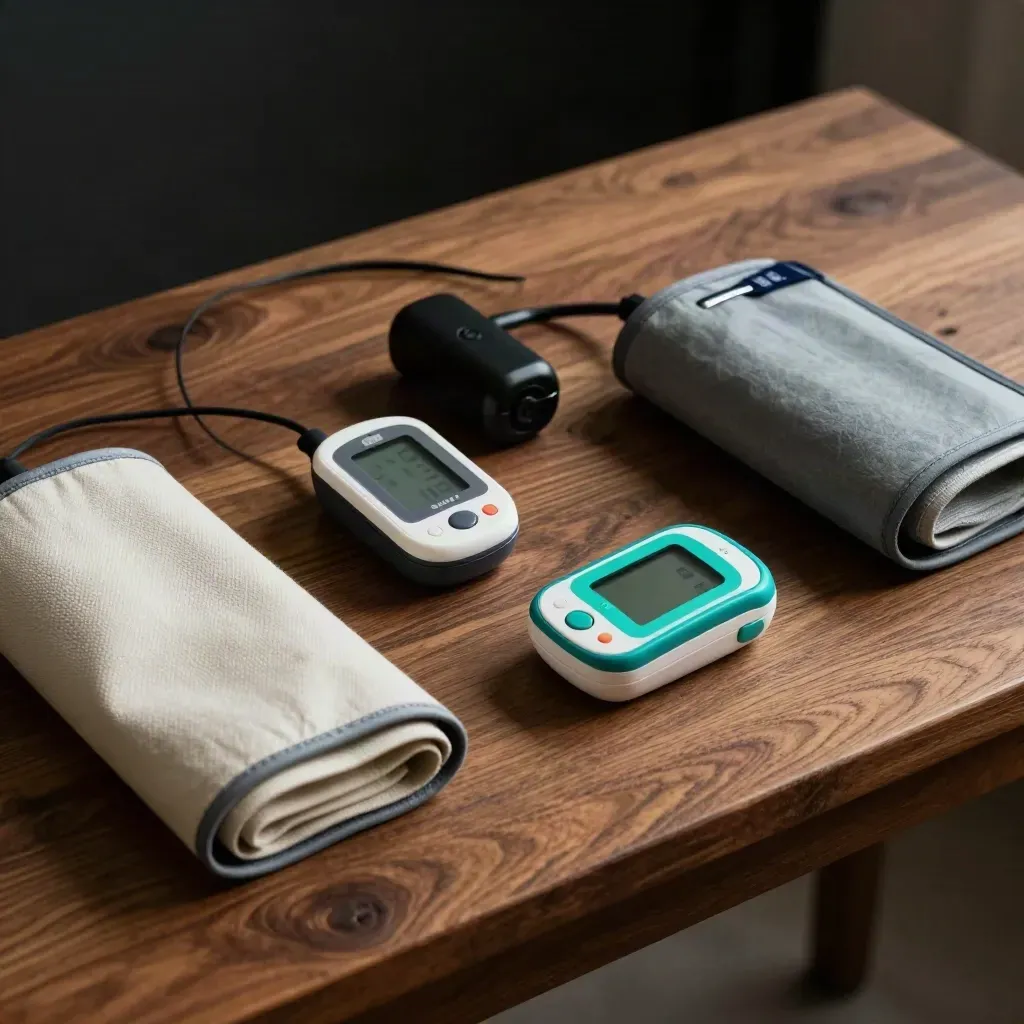 Kit de suivi patient avec oxymètre, brassard de tension, chargeur et boîtier sur bois noyer.