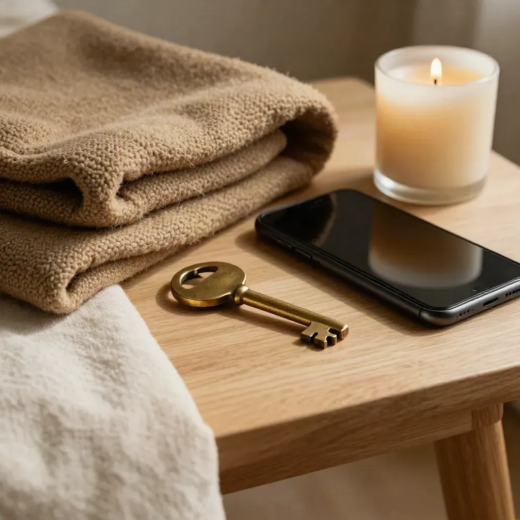 Gros plan d’une couverture, d’une clé, d’un téléphone et d’une bougie éteinte sur une table douce.