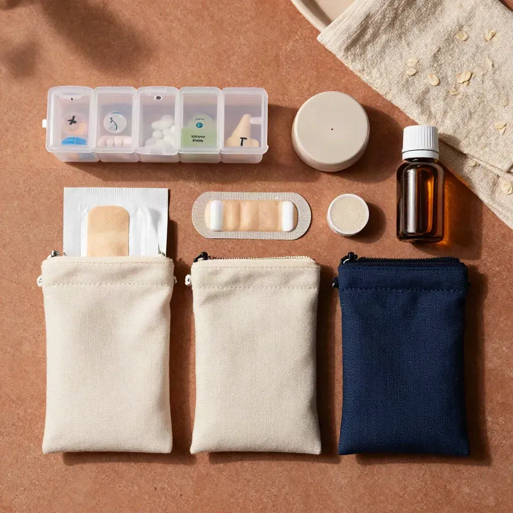Kit de plan de soins à domicile avec pilulier, bandes, minuteur, pochettes et flacon sur pierre terracotta.