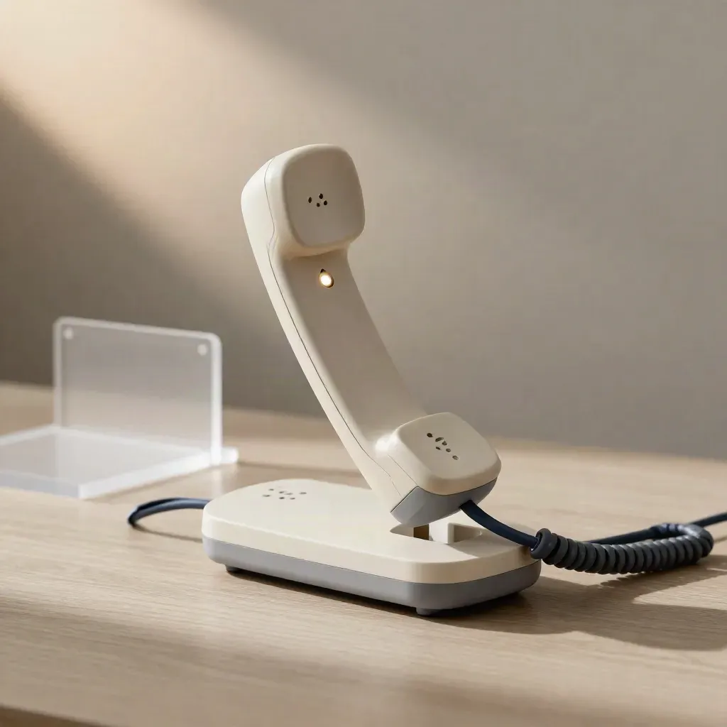 Combiné téléphonique sans fil sur sa base, voyant allumé, sur bois clair.