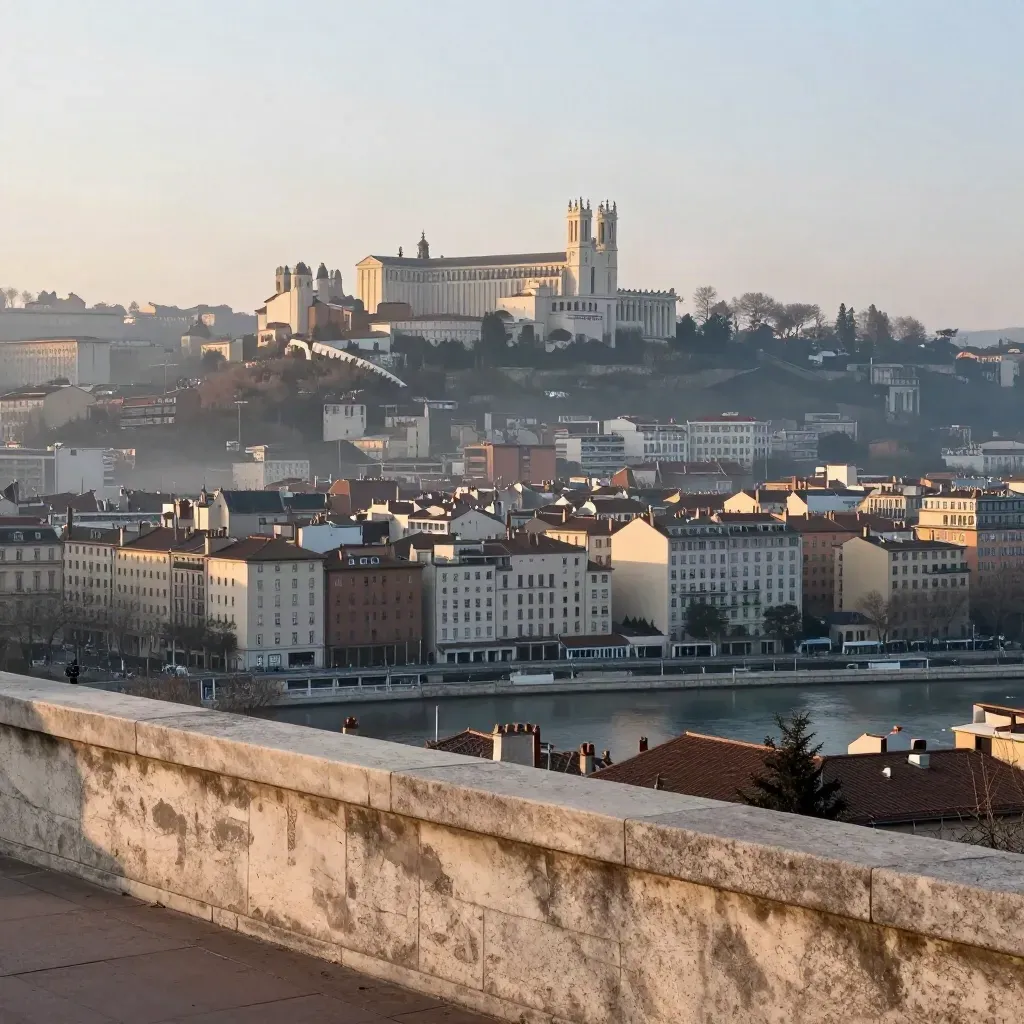 Vue de Lyon au matin, Fourvière dans la brume au-dessus des fleuves.
