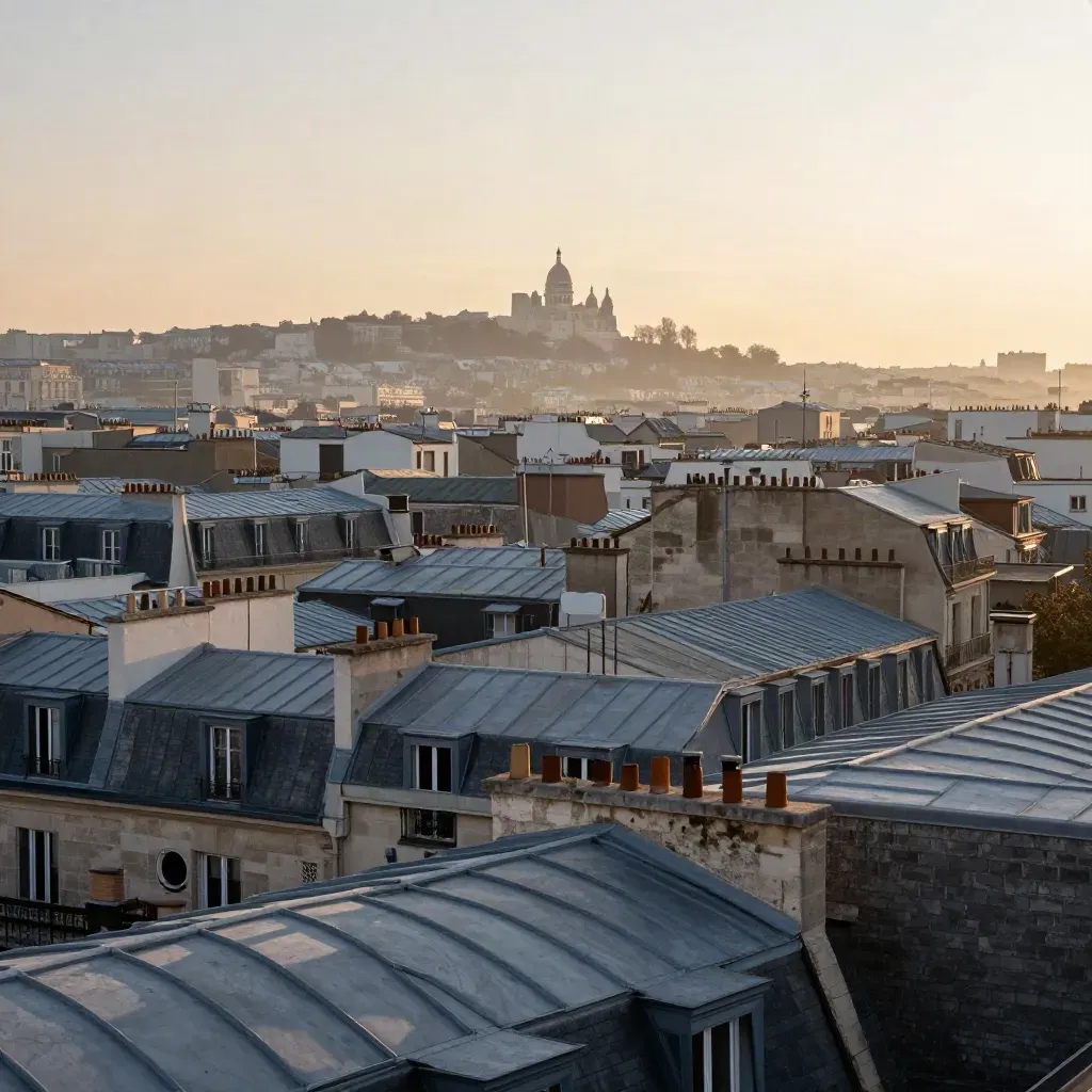 Toits de Paris à l’aube, Montmartre au loin sous une brume dorée.