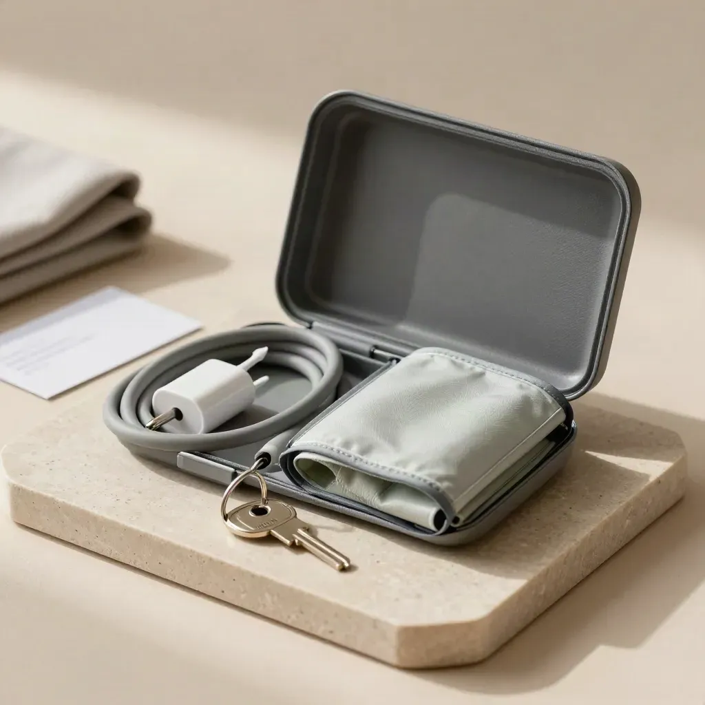 Kit de coordination médicale sur plateau en pierre, avec clés, chargeur, brassard et étui.