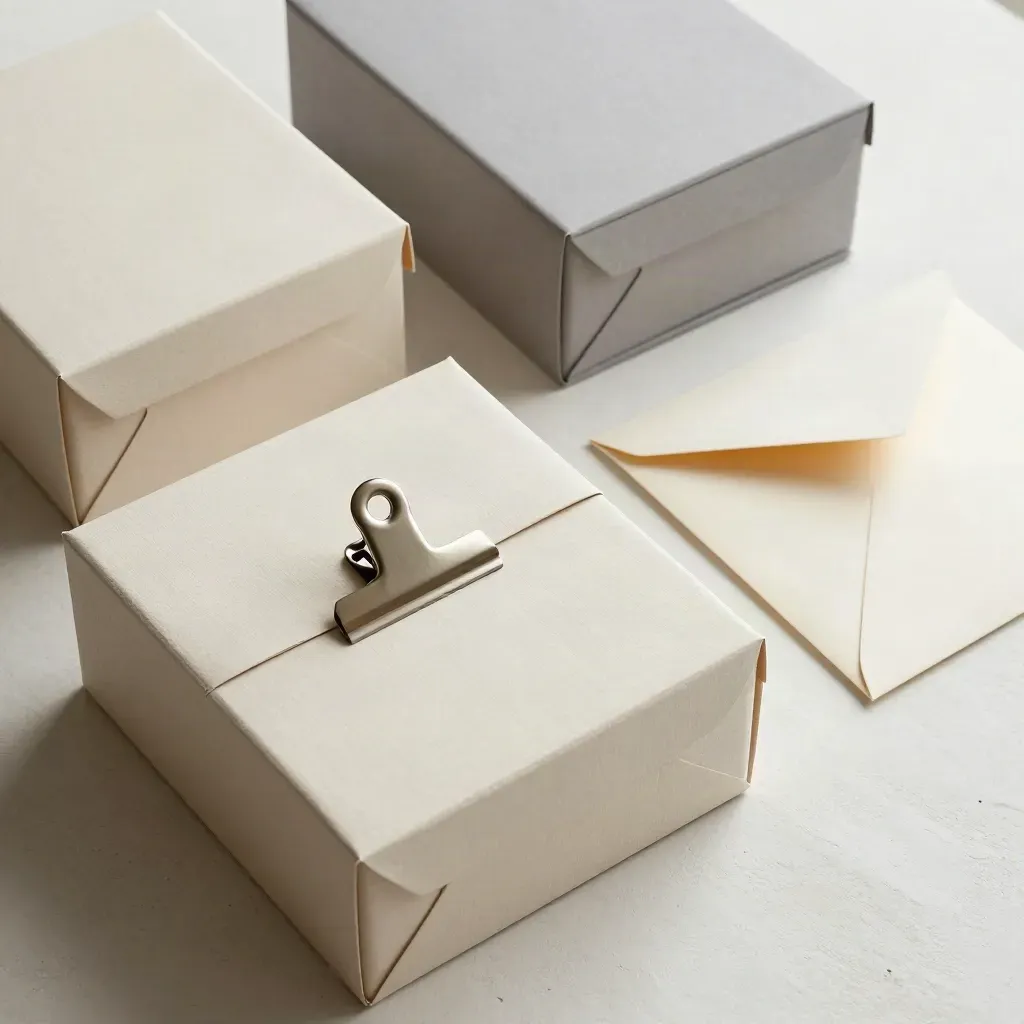 Vue du dessus de boîtes de classement, pince métallique et deux enveloppes sur fond clair.