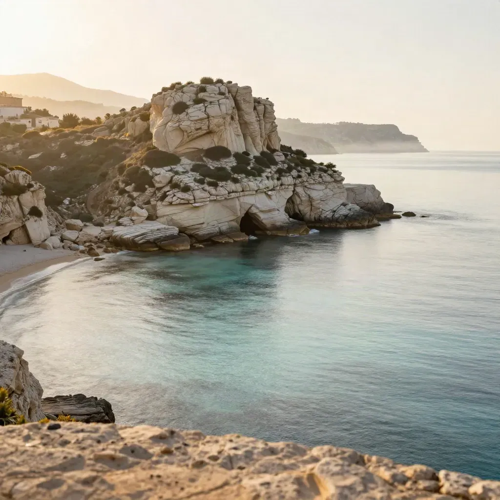 Promontoire rocheux méditerranéen, mer lisse et brume dorée en Provence-Alpes-Côte d’Azur