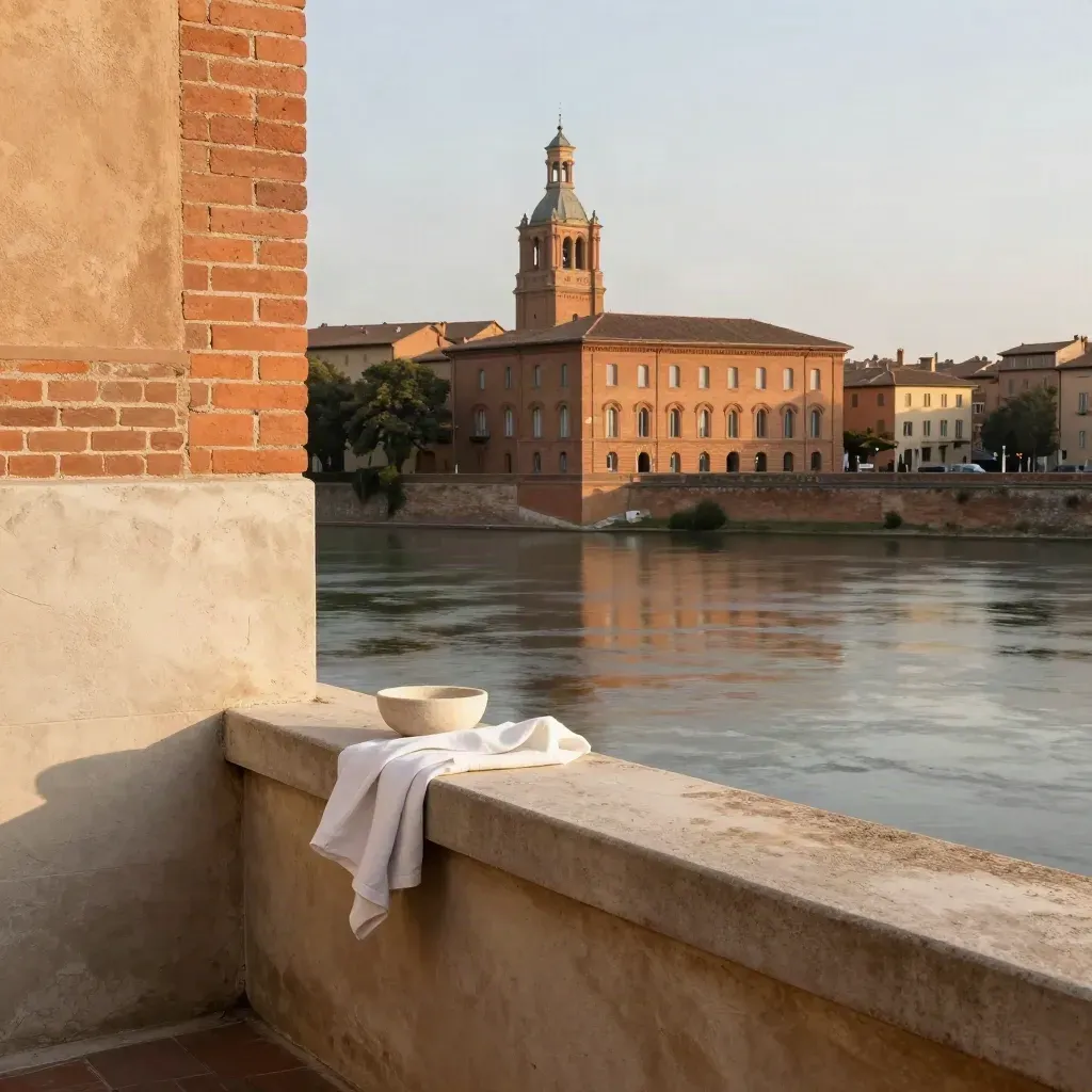 Toulouse en briques roses, clocher lointain, berge tranquille et lumière dorée.