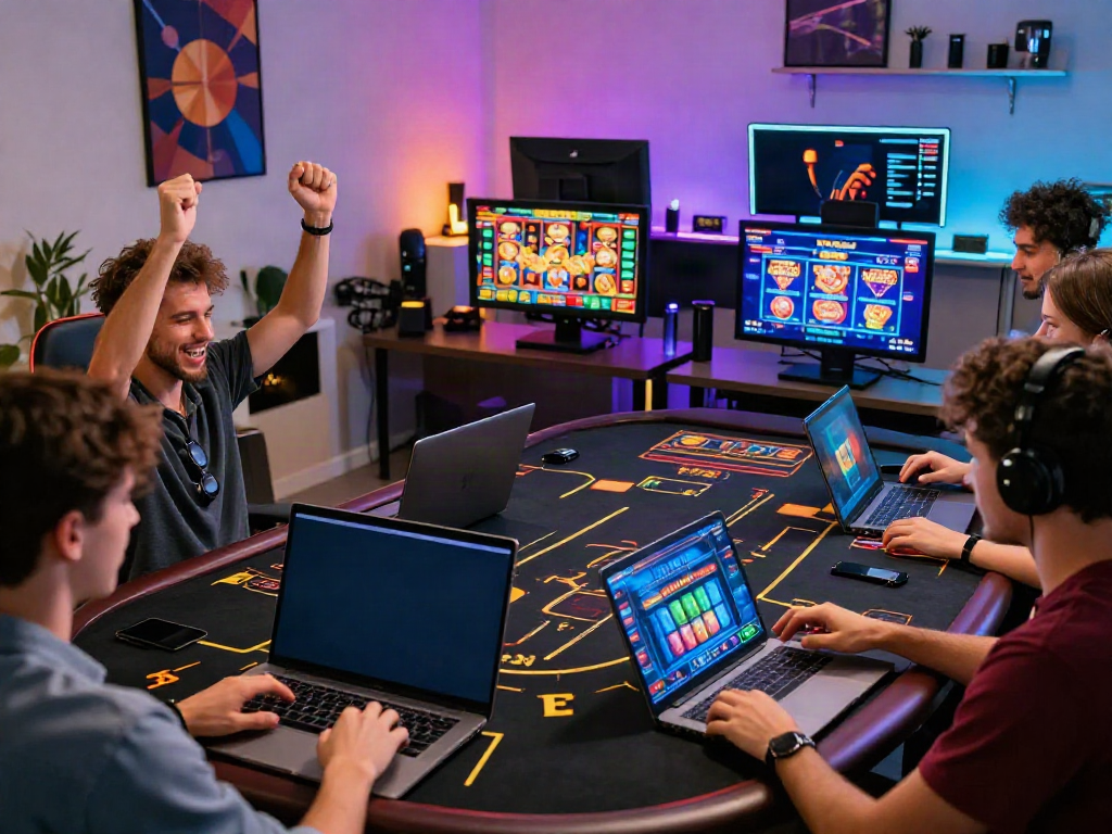 Scène dynamique de jeu en ligne dans un casino avec des joueurs utilisant des bonus sans dépôt casino.