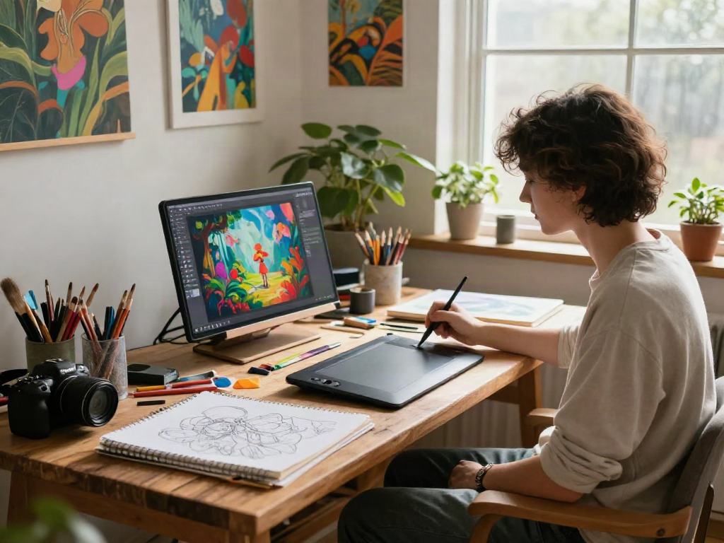 Creative adult artist using 18+ ai technology to produce vibrant artwork in a cozy studio